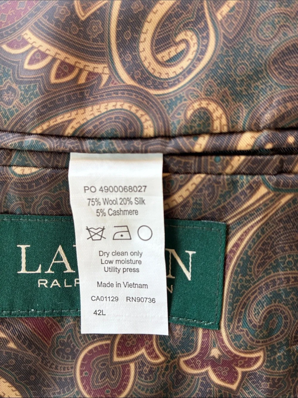 Lauren Ralph Lauren Men’s 42L Wool Silk Cashmere Camel Sport Coat Blazer